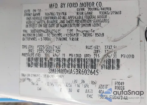 2011 Mercury Milan из США, поврежденный, VIN 3MEHM0HA5BR603645